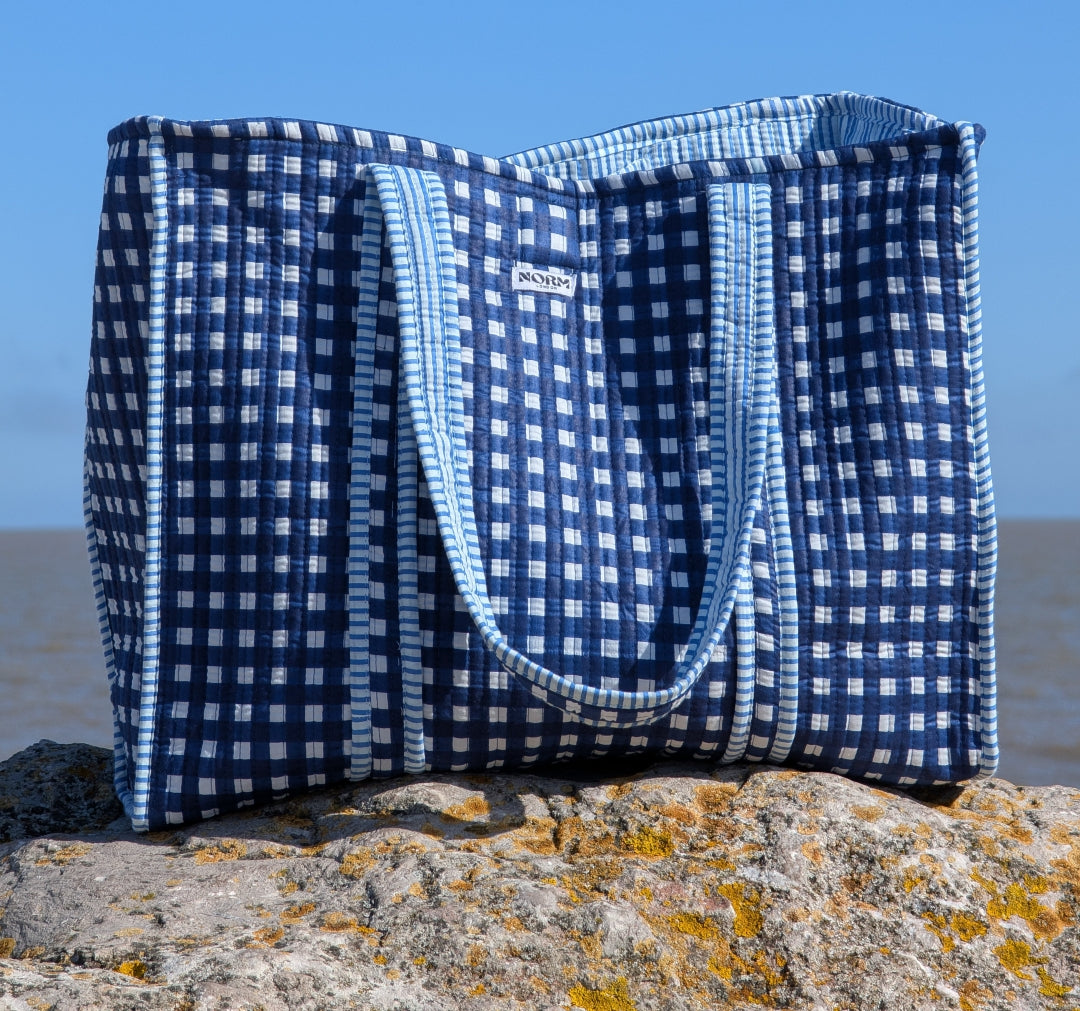 Blue checkered tote bag