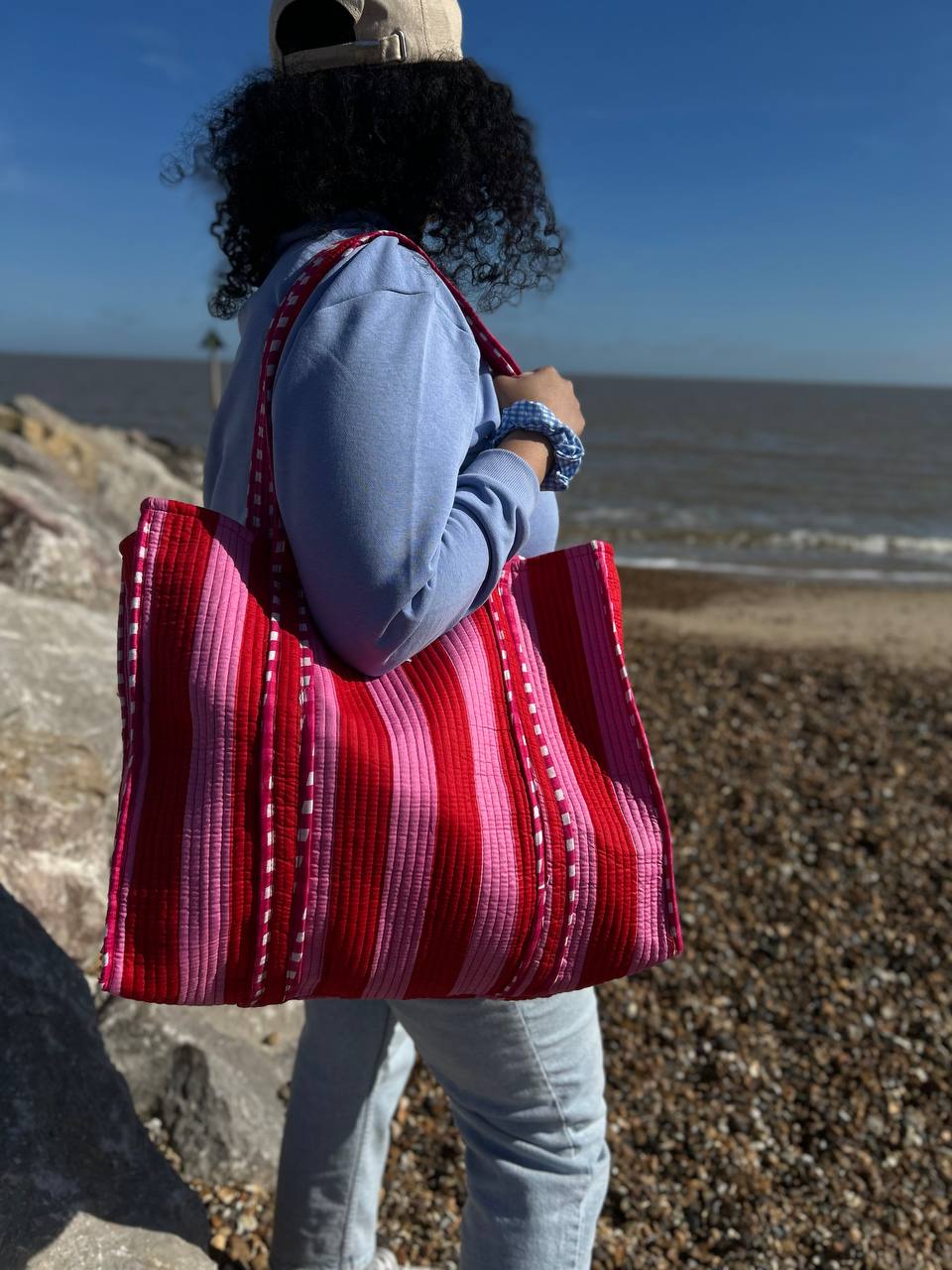 Rani pink Stripes Reversible Tote bag/weekend bag