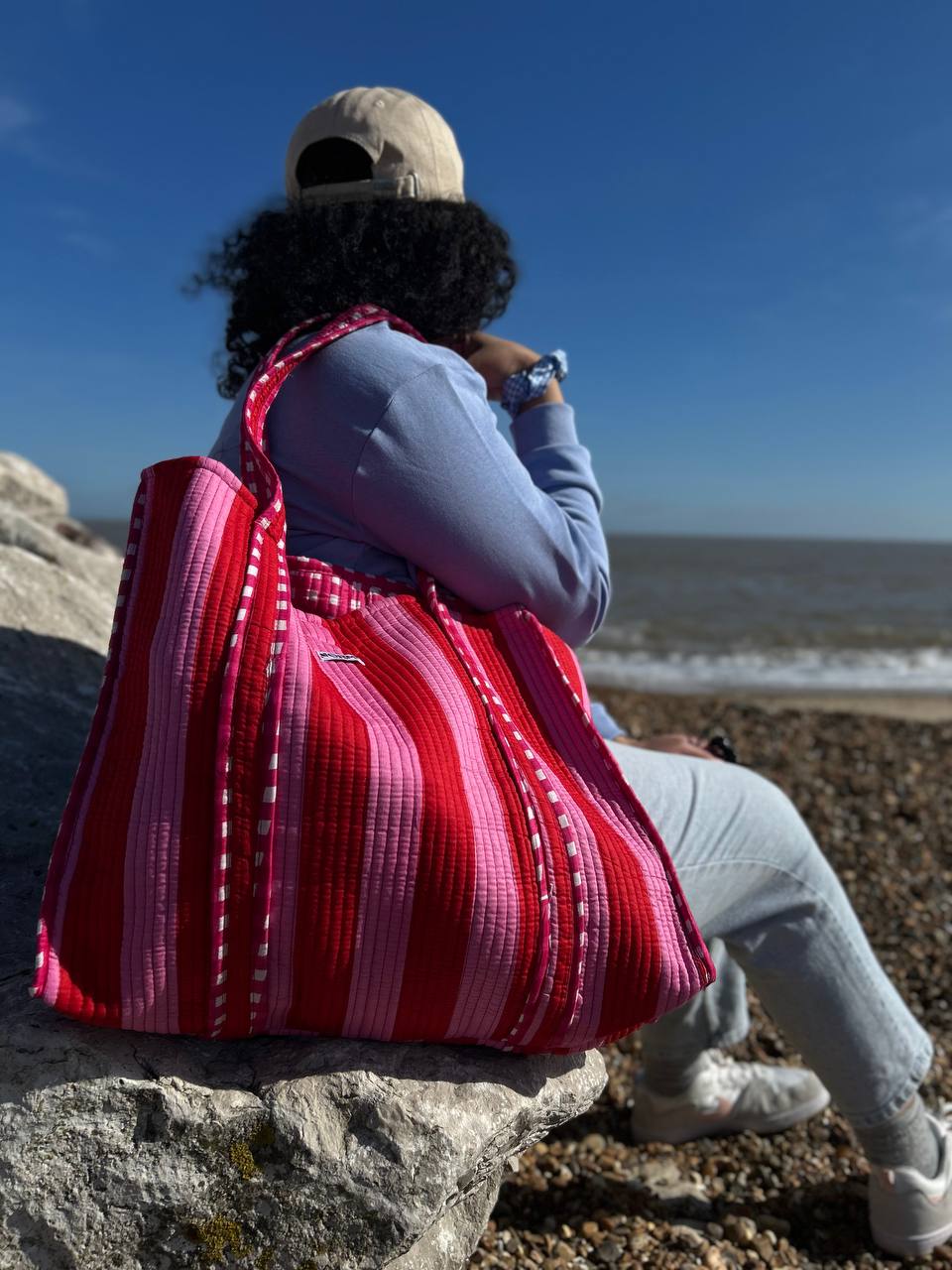 Rani pink Stripes Reversible Tote bag/weekend bag