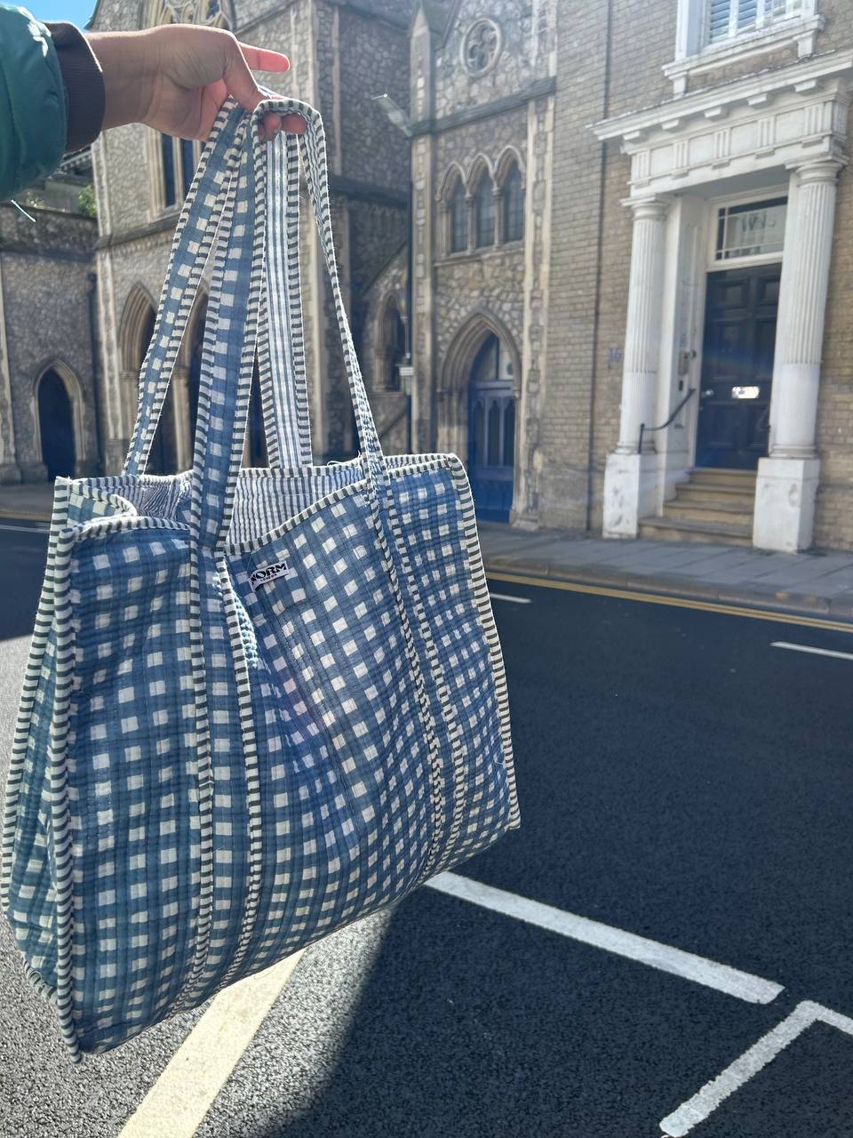 POWDER BLUE Checkered Reversible Tote bag