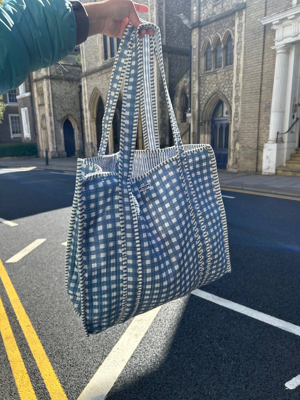 POWDER BLUE Checkered Reversible Tote bag